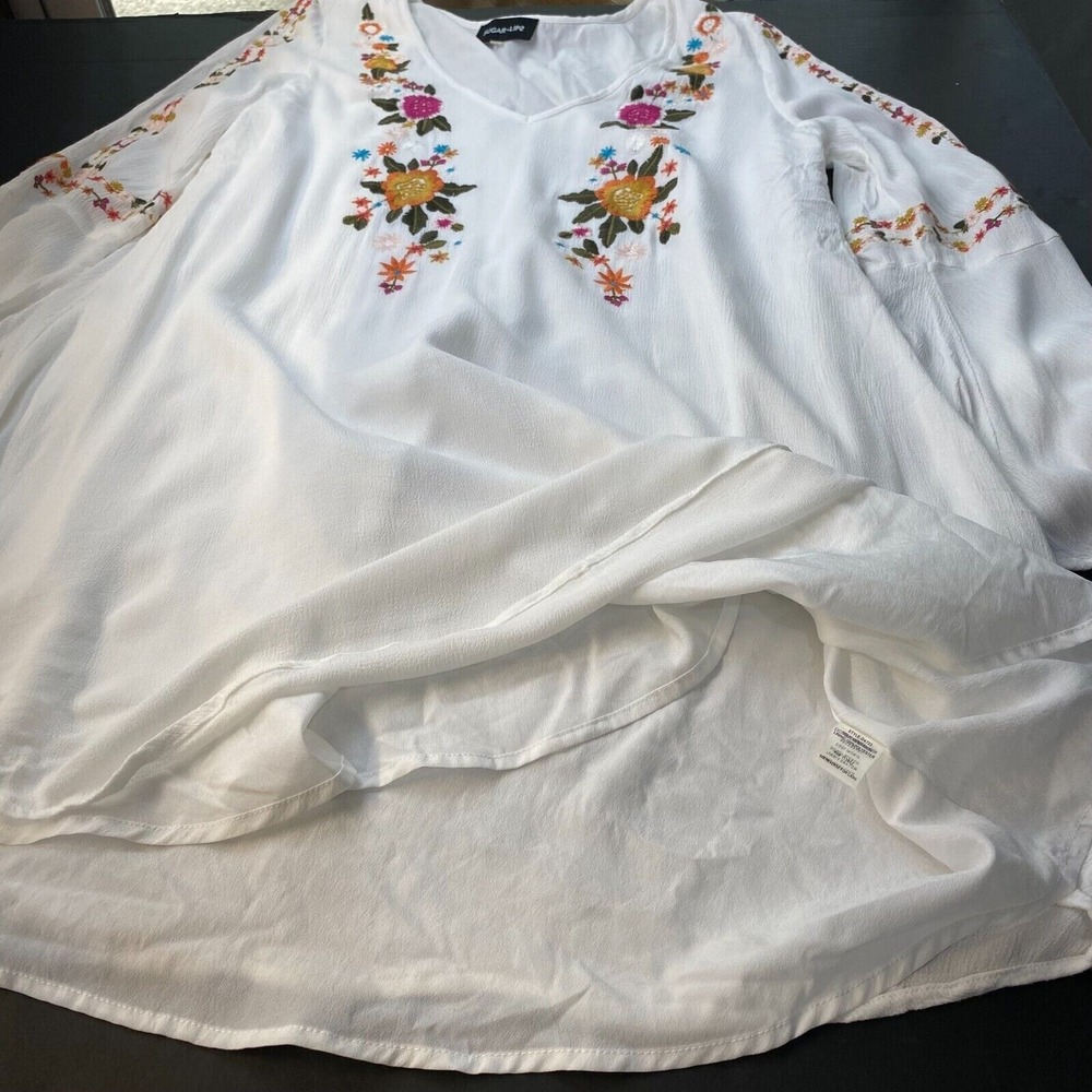 Womens Sugar Lips V Neck Floral Embroidered Lined Tunic Dress Bell Sleeve Sz M - Picture 9 of 16
